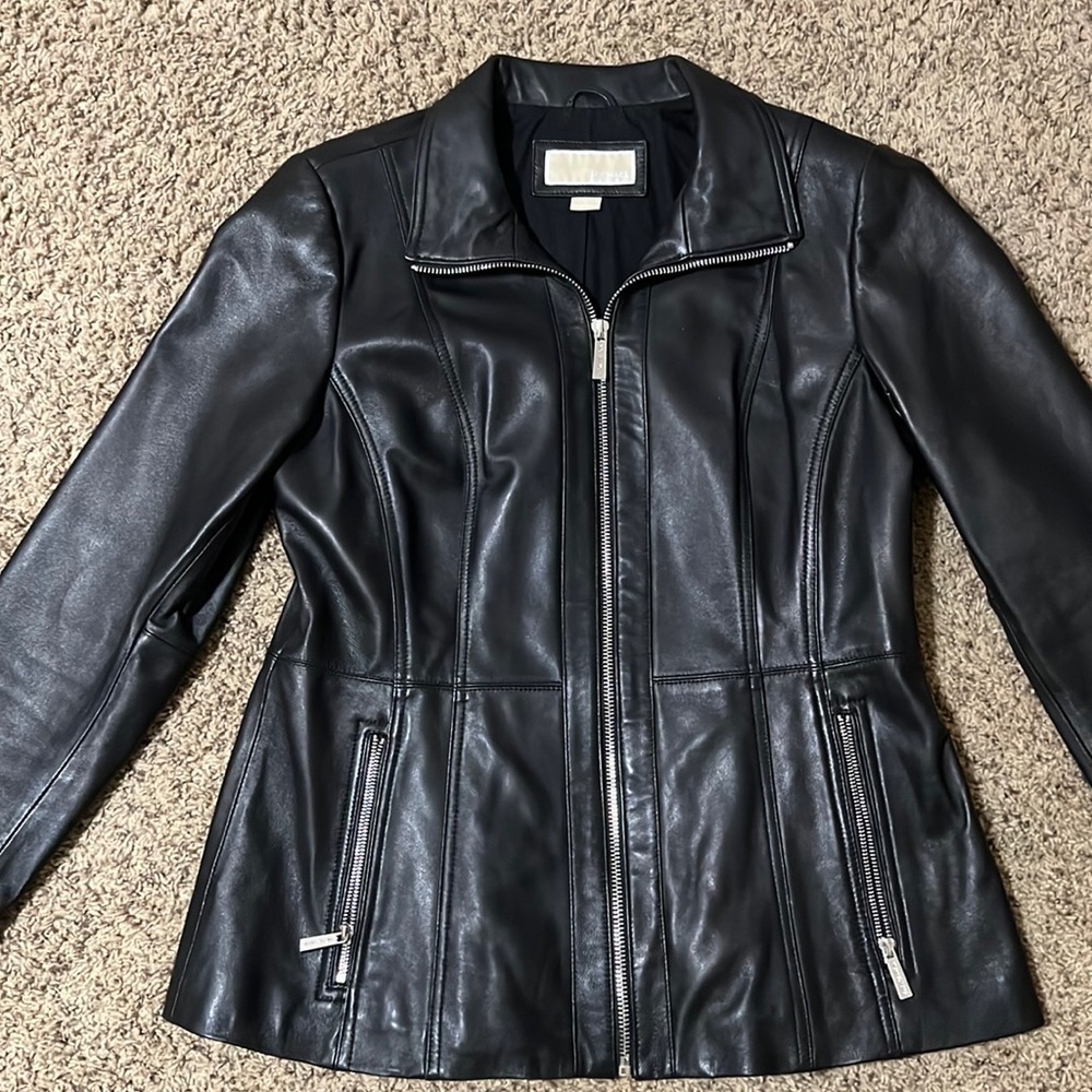 Michael Kors Black Leather Coat, lined. Size Large